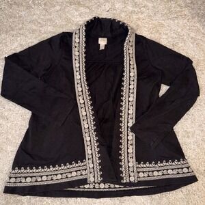 Lucky Brand Whitney Embroidered Cotton Black Open Front Cardigan Sweater Med (Y)